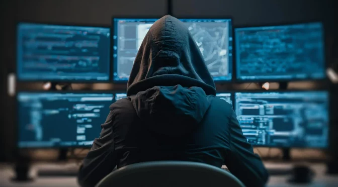 Hacker de capuz e de costas olhando para telas de computador, tentando burlar as formas de como evitar ataque ddos.