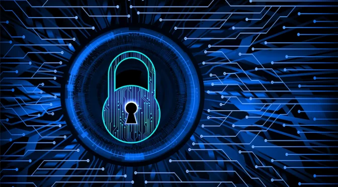 fundo azul, com cadeado grande, referência a um provedor de internet protegido contra ataques ransomware