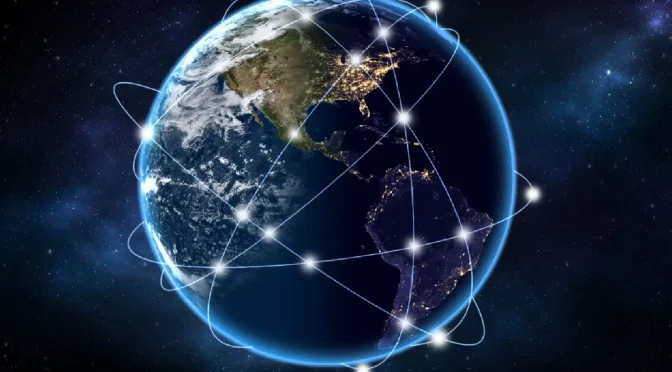 Imagem do globo terrestre com linhas interconectadas representando o IX internet exchange para sistemas de provedores de internet.
