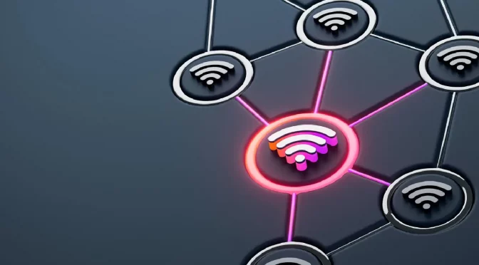 Um ponto de rede se conecta a diversos outros representando o wifi mesh