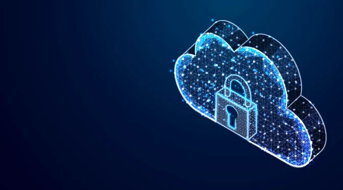 Nuvem digital com um cadeado de segurança representando o cloud security